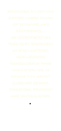 Becoming a lighting expert takes years of training and experience…an investment we take very seriously at BES Lighting. Our lighting consultants have the expertise to advise you about lighting design, function, product and installation.