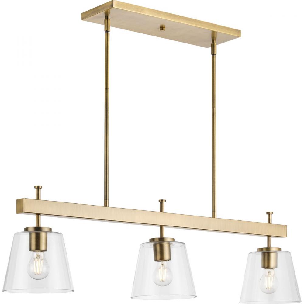 Saffert Collection Three-Light New Traditional Vintage Brass Clear Glass Linear Island Chandelier Li