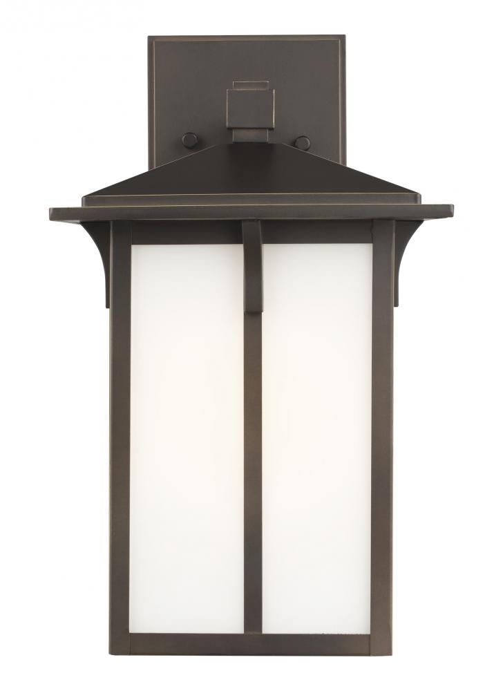 Tomek modern 1-light outdoor exterior medium wall lantern sconce in antique bronze finish with etche