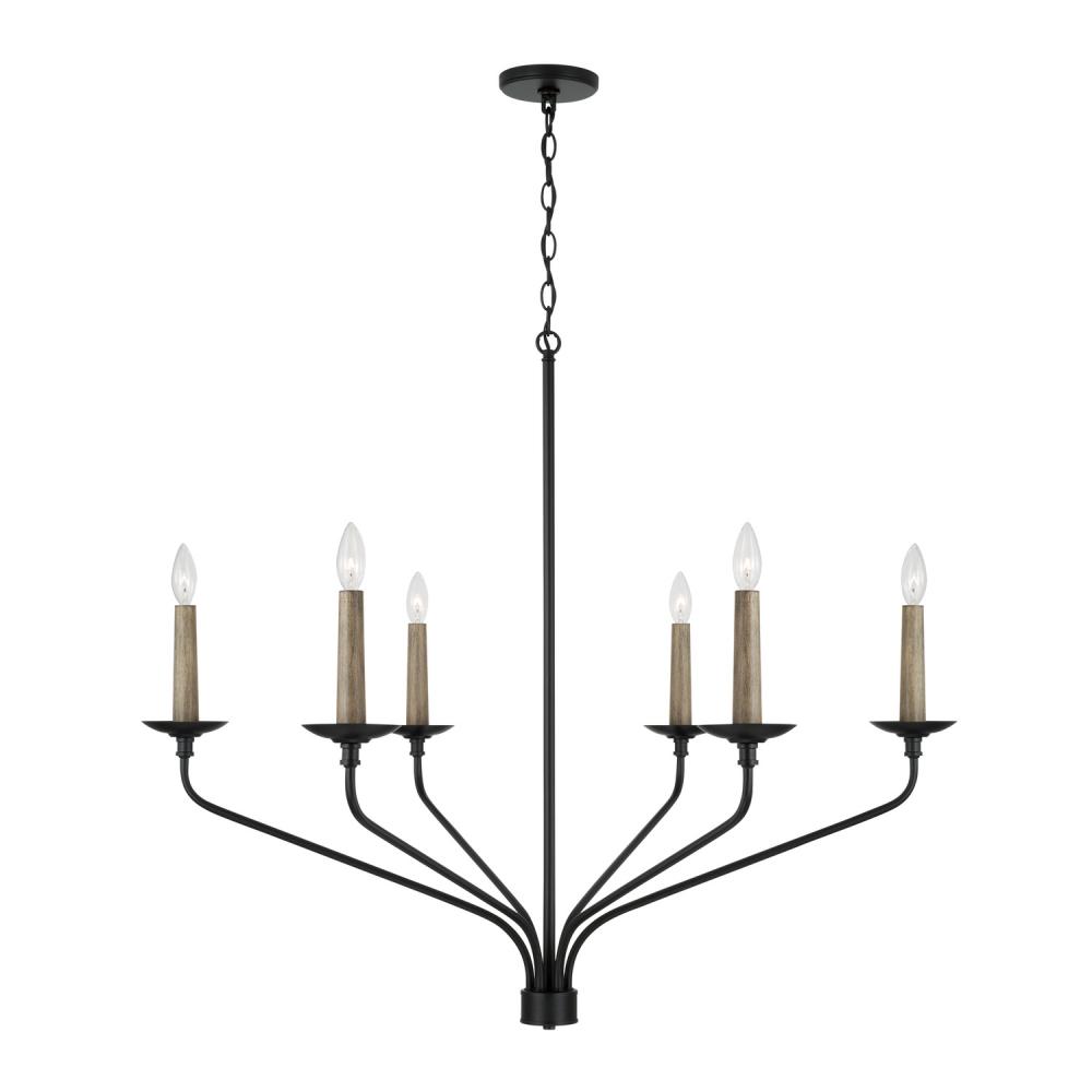 6-Light Chandelier in Matte Black with Interchangeable Faux Wood or Matte Black Candle Sleeves