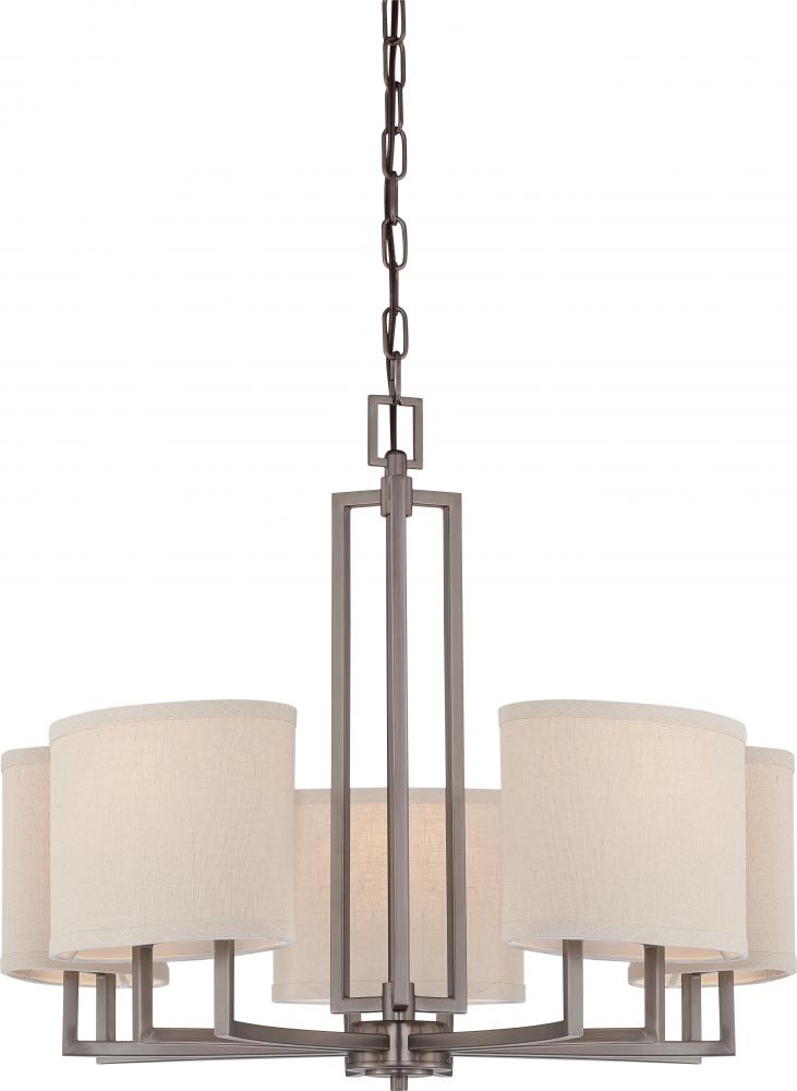 Gemini - 5 Light Chandelier with Khaki Fabric Shades - Hazel Bronze Finish