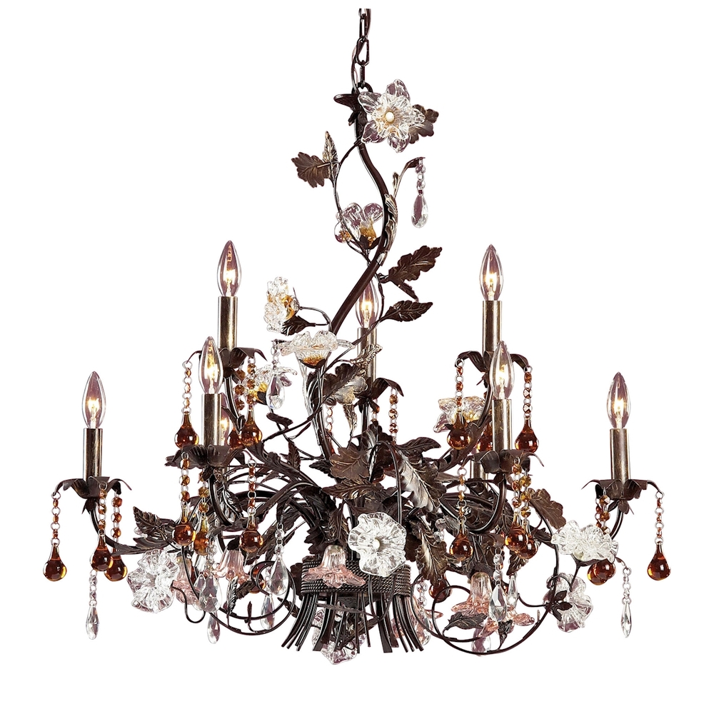 Cristallo Fiore 9-Light Chandelier in Deep Rust with Clear and Amber Florets